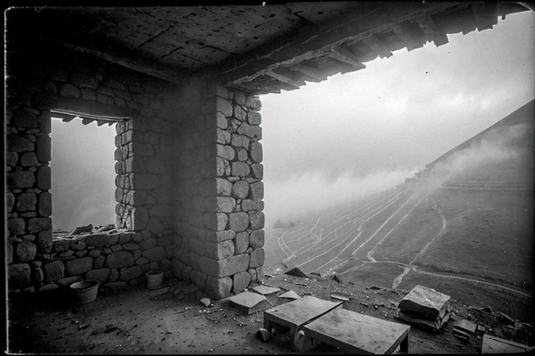 Livestock hoof prints ending in mist and an abandoned hut.