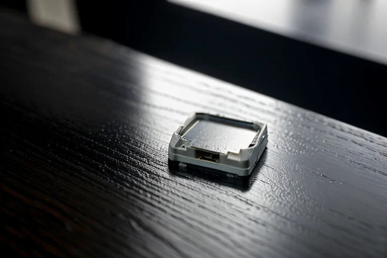 損傷したSDカードのクローズアップ、一部が黒焦げ、鑑識台の上