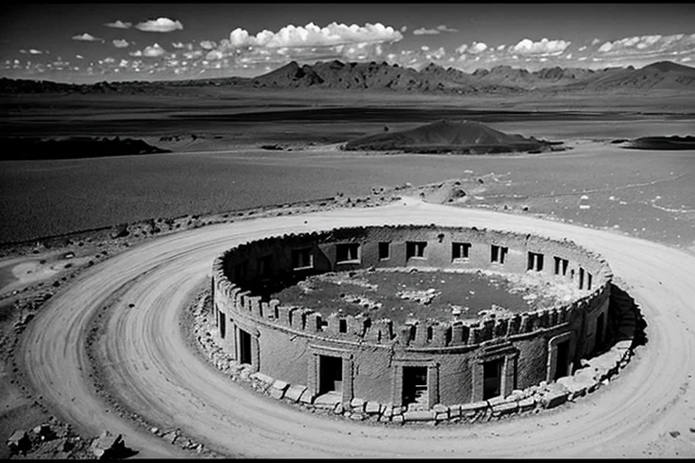 ドローンによる俯瞰写真。アンデス山脈の荒涼とした廃鉱山集落と点在する遺跡。