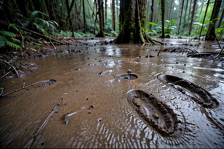 マドレ・デ・ディオス県で発見された巨大な三本指の足跡。周囲の植生に変質が見られる。