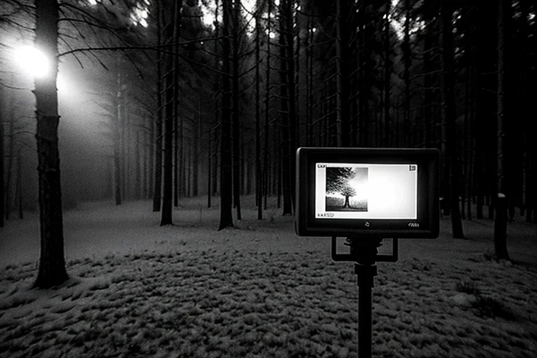 Unclear large heat signature moving through the night forest, captured by a surveillance camera.