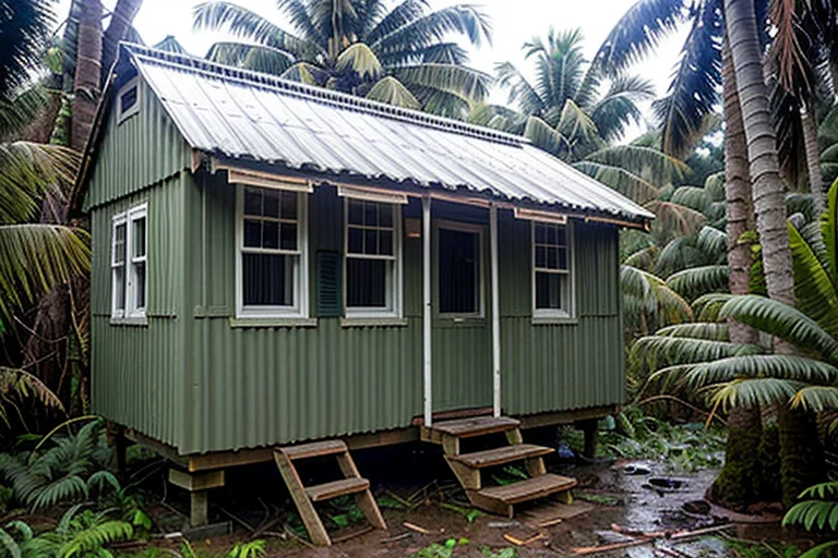 損壊した監視小屋。異常な強風により構造が剥離した痕跡が残る。