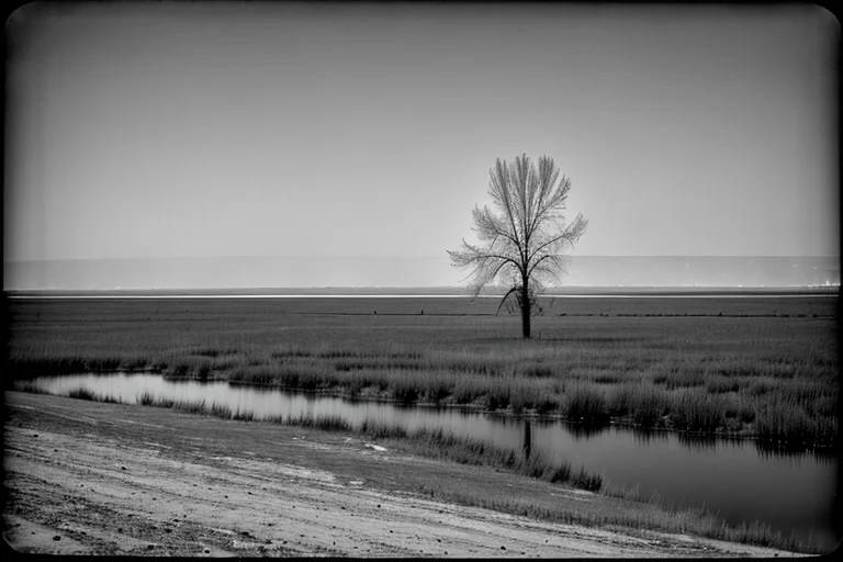 Lakeside landscape devoid of color