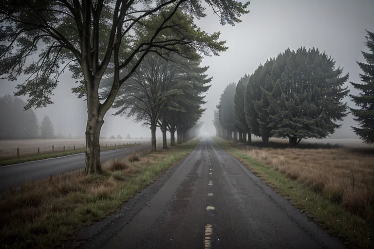 Appian Way at pre-dawn. Faint mist rises.