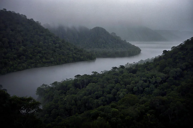 Vegetation emitting a faint glow in a misty valley at night. Surveillance camera footage.