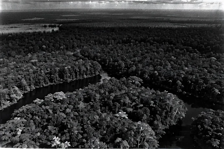 異常変質し黒色化した植物群落の空撮。周囲の健全な植生との対比。