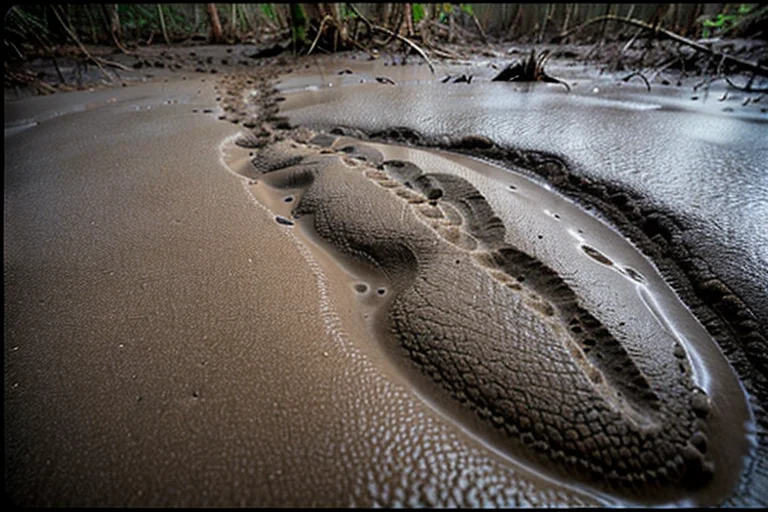 Close-up of gigantic three-toed footprints found by the investigation team. Unknown luminous residue observed around them.