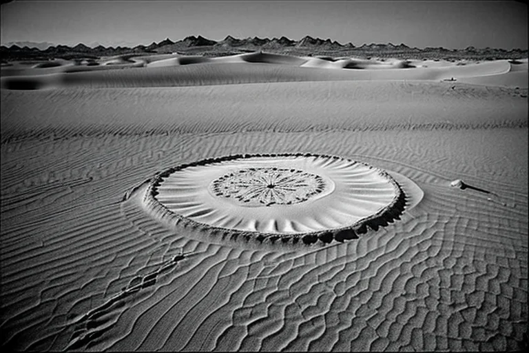 現地で発見された古い羊皮紙の断片。砂漠の「歌声」と不可思議な模様を描いたと思われる図が残る。
