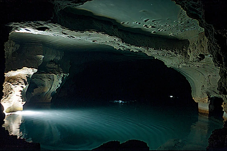 Faint luminescence recorded from the deep cave lakebed.