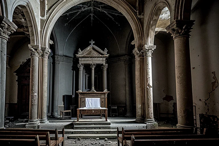 調査中に撮影された廃教会の祭壇。手付かずの荒廃状態が確認される。