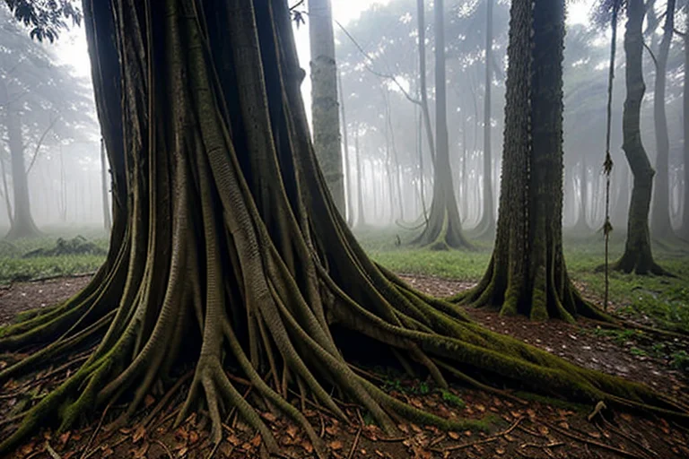 Persistent condensation and mist on an ancient tree.