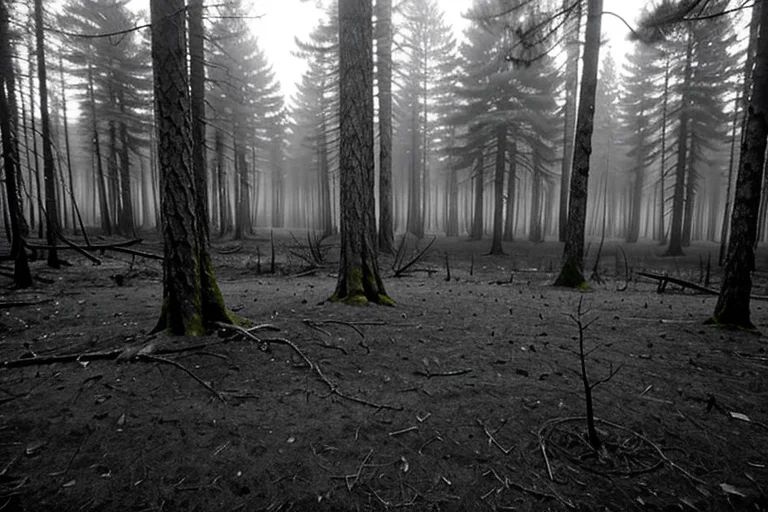 森の奥深くで発見された不自然な円形の領域と焦げ跡