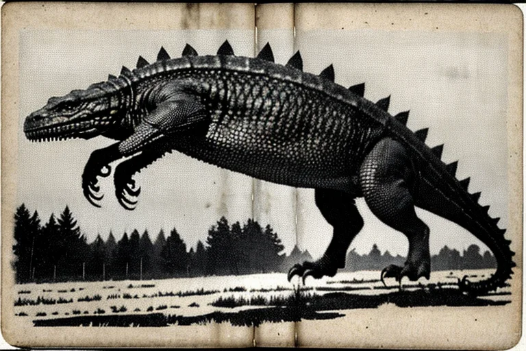 An old sketch from a local researcher's logbook, depicting a massive reptilian creature with glowing eyes, sighted at night.