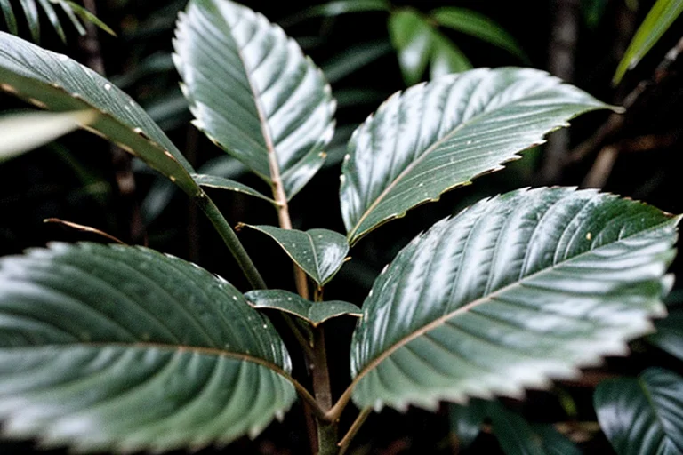 異常変質した植物の葉。結晶状の構造と焦げたような変色が見られる。