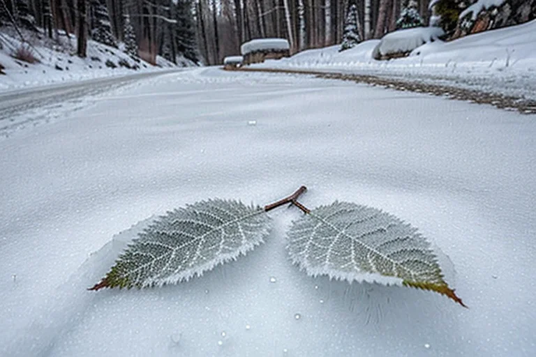凍結した植物の葉。周辺の雪との温度差が顕著な結晶構造を示す。