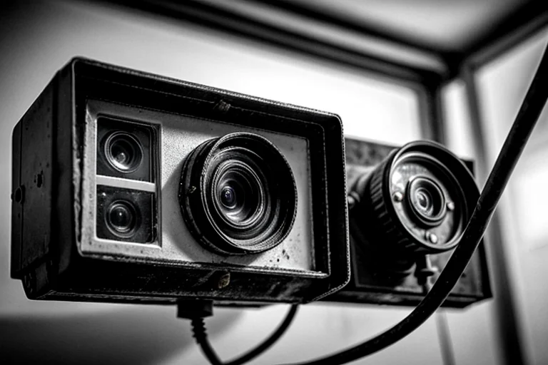 旧採掘事務所内に設置された破損した監視カメラ。不規則な機能停止が記録された。