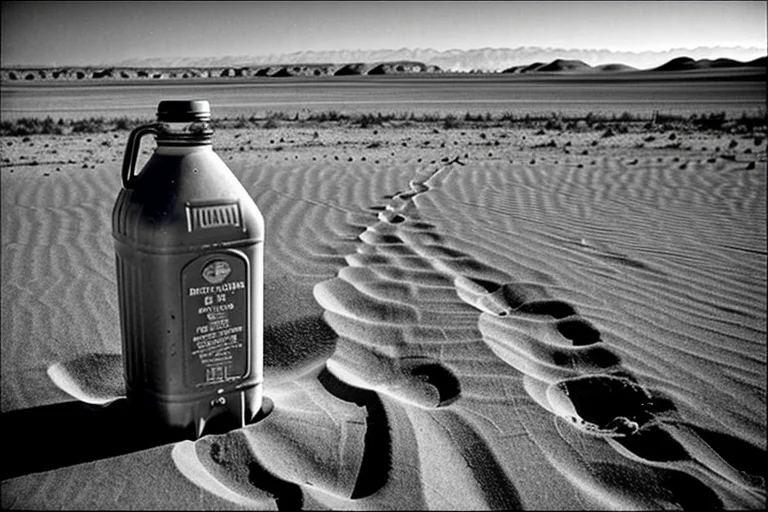 砂漠の地面に半分埋まった物資のクローズアップ（古い写真風）