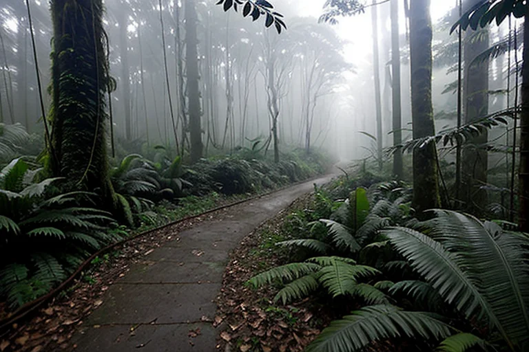 Rainforest path leading to the reported location, subtle signs of spatial distortion