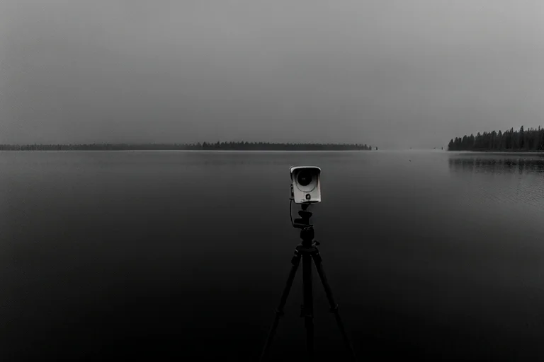 Night surveillance camera footage set on Lake Te Anau shore. Covered in fog.